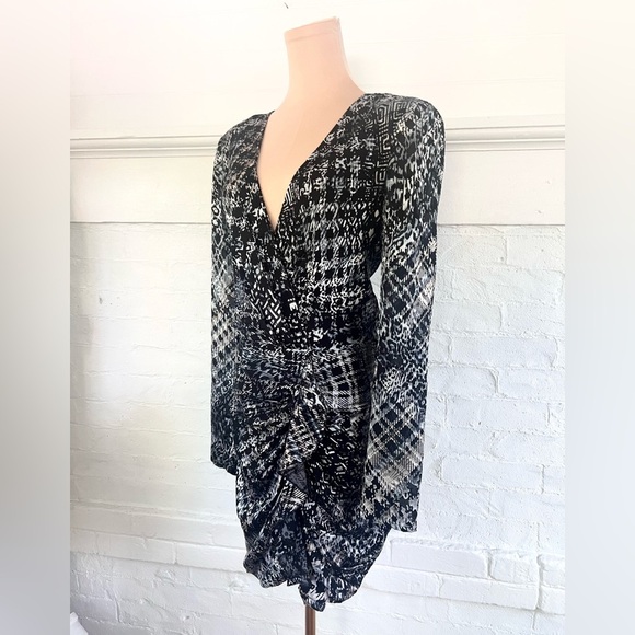 Ramy Brook Myla Mini Dress Black Houndstooth Burnout Multi Ruched Faux Wrap NWT - Picture 5 of 16